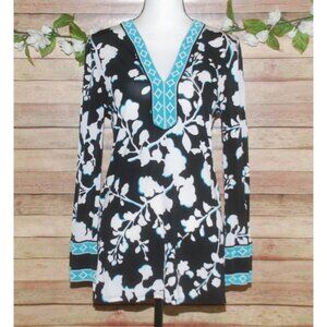 BCBG MAXAZRIA Ladies Tunic Blouse Top Size S Black Aqua Floral 3/4 Sleeve Stretc